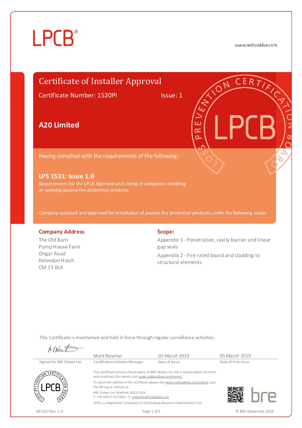 Lpcb Certificate Of Installer Approval - Cert No 1520Pi